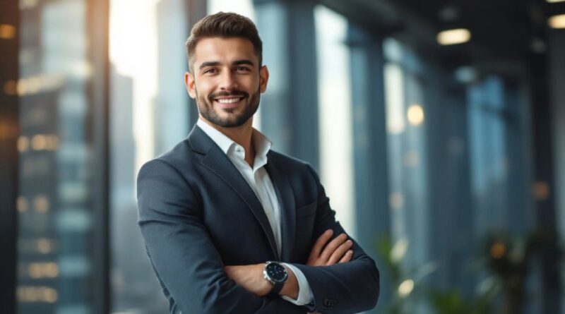 Individu profesional berdiri percaya diri di kantor modern.