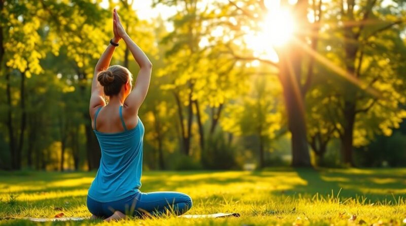 Orang melakukan yoga di luar ruangan pada pagi hari.